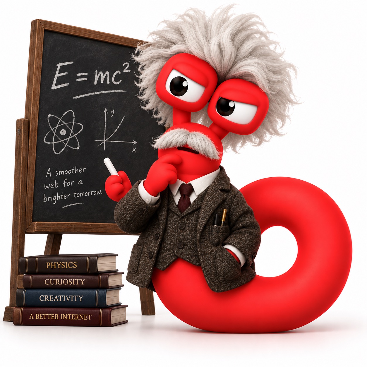 Piros Cloudio kabalafigura Einstein-parókában és bajusszal, egy táblánál E=mc² képlettel