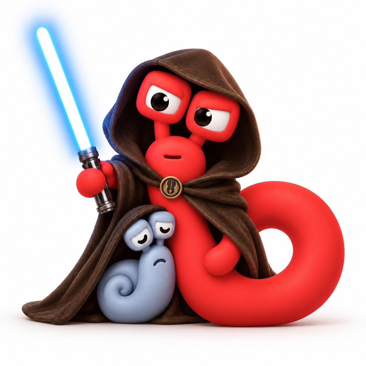Piros Cloudio kabalafigura jedi köpenyben, izzó fénykarddal, mellette egy kicsi kék csigapadawan